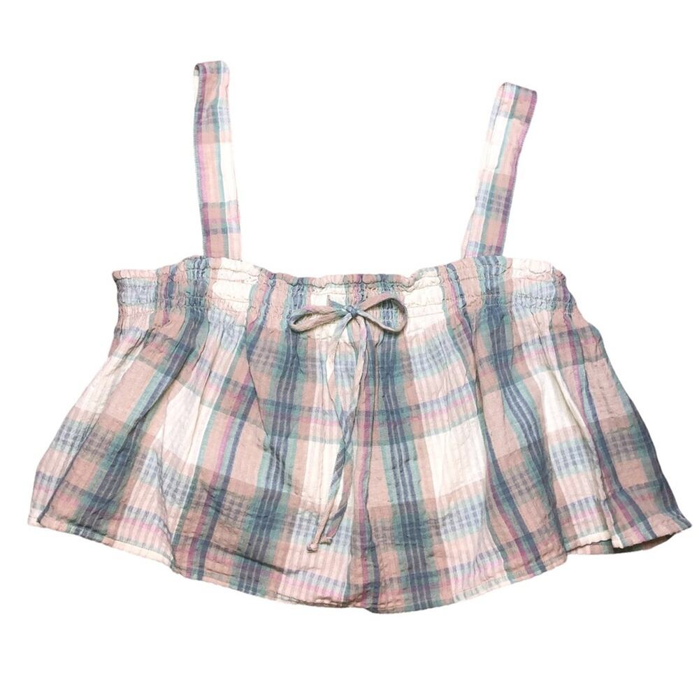 American Eagle Plaid Tie Font Smocked Cropped Tank Blue Size Large